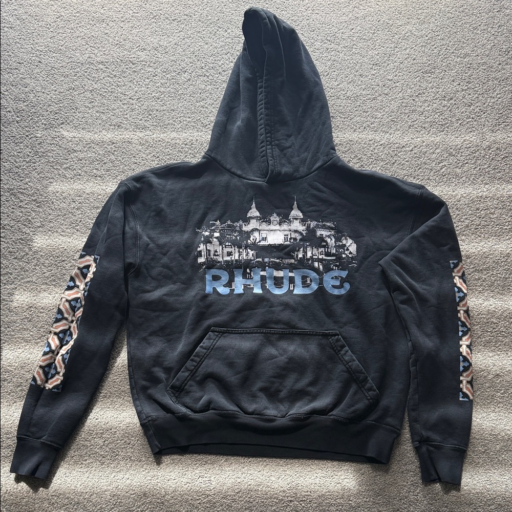 Rhude Black Hoodie with Blue Logo and Sleeve Pattern